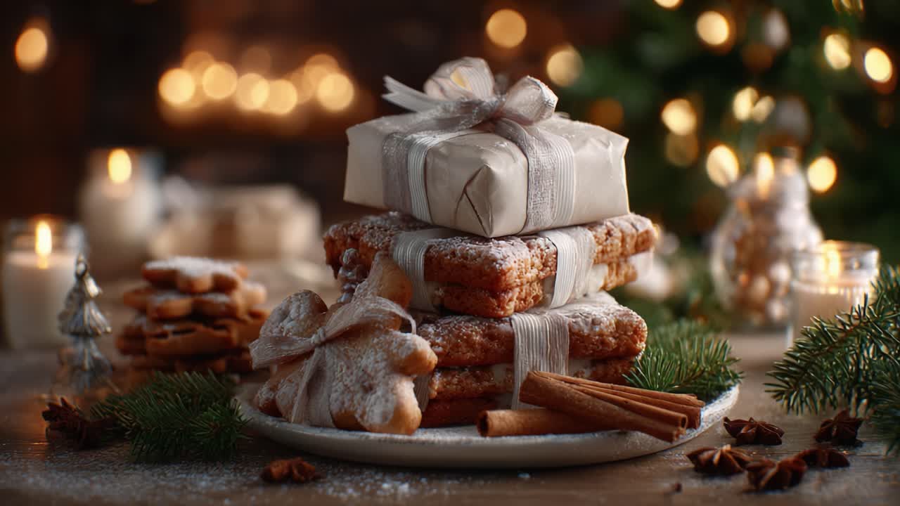Eine festliche Präsentation von selbstgemachten Keksen, liebevoll verpackt, umgeben von gemütlichen Kerzen und Weihnachtsdekorationen, perfekt, um die Zeit des Schenkens zu feiern
