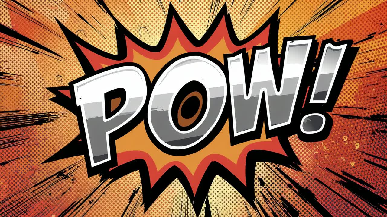 Animerer POW-eksplosion, der udvides i tegneseriepanel efter frames, med effekt på halftone-hastighedslinjer, flares