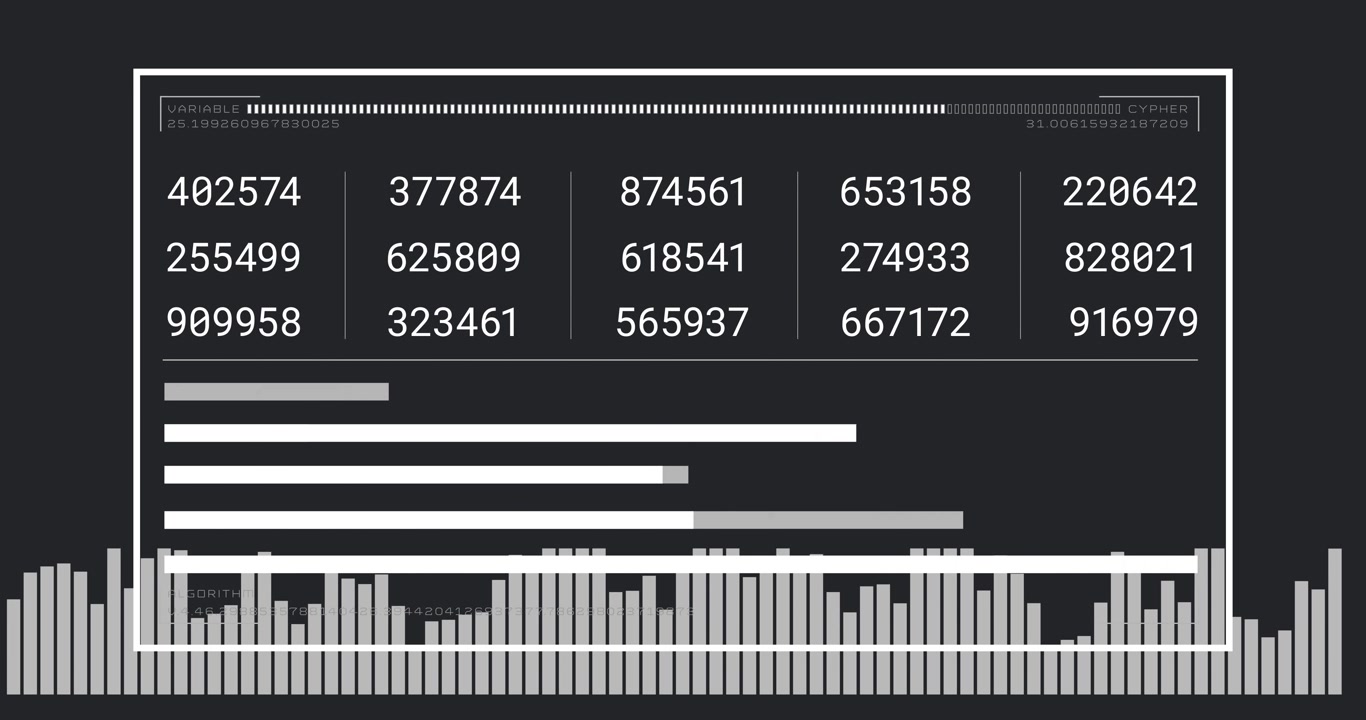 Data dashboard receiving realtime finance feed, updating numbers, growing bars, pulsing equalizer