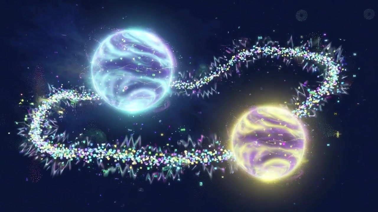 Sfere luminose astratte connesse da un flusso di dati digitali