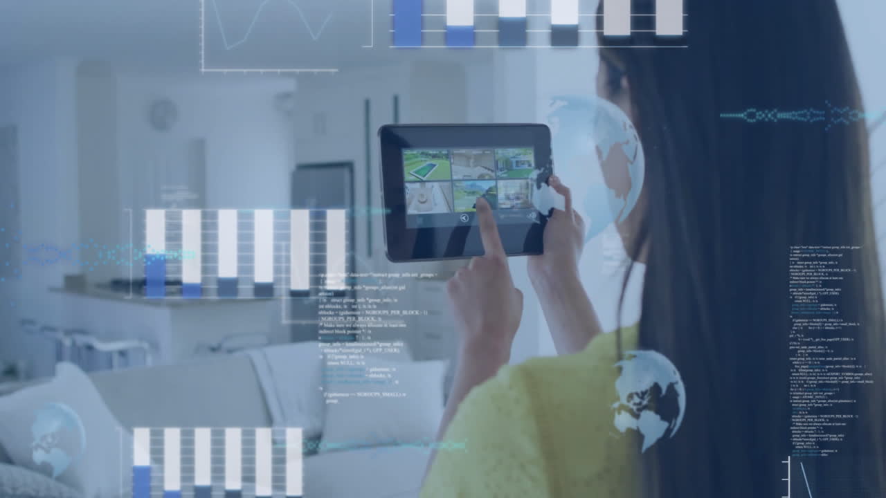 pantalla táctil de la tableta, mujer interactuando con animación de hogar inteligente sobre la sala de estar