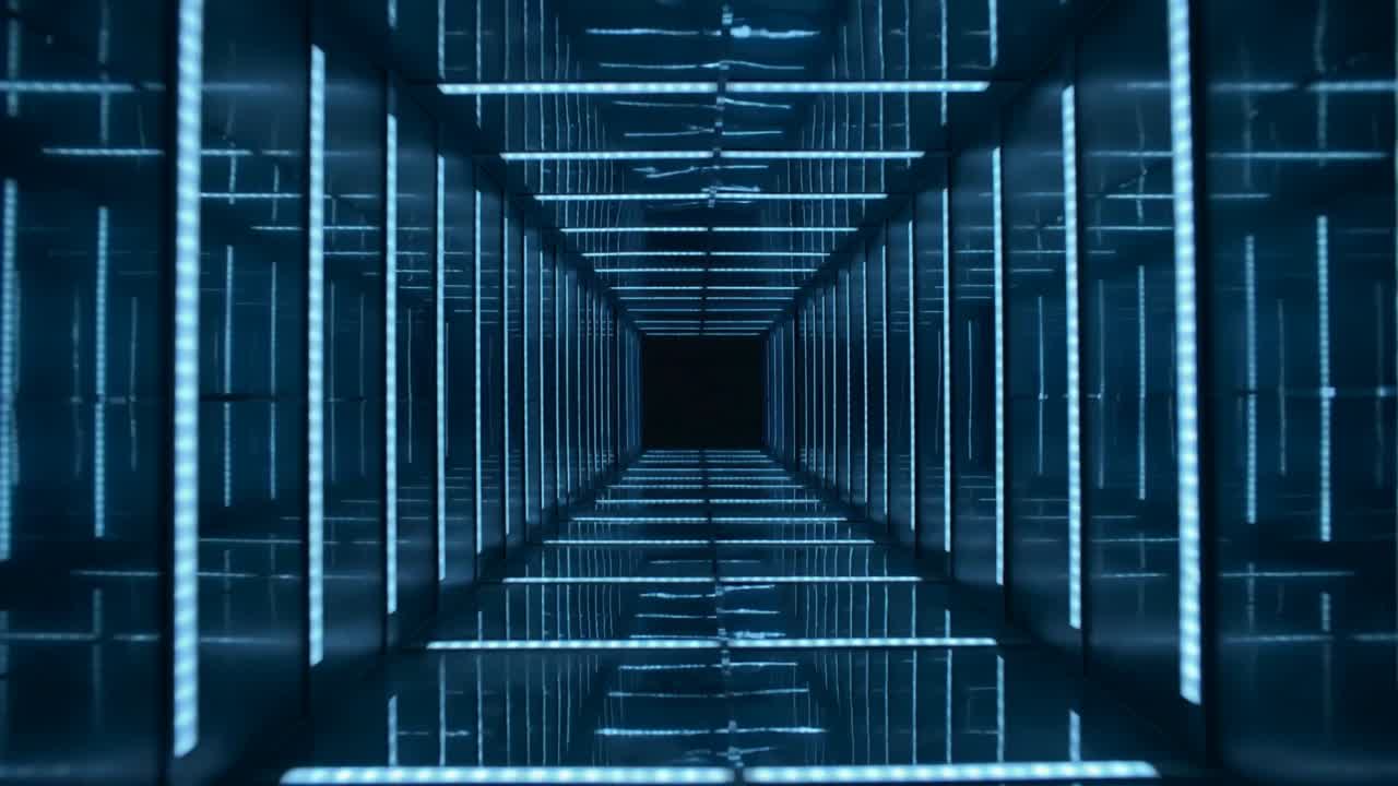 Playback starting camera moving into mirrored tunnel toward central dark void, revealing LED bars