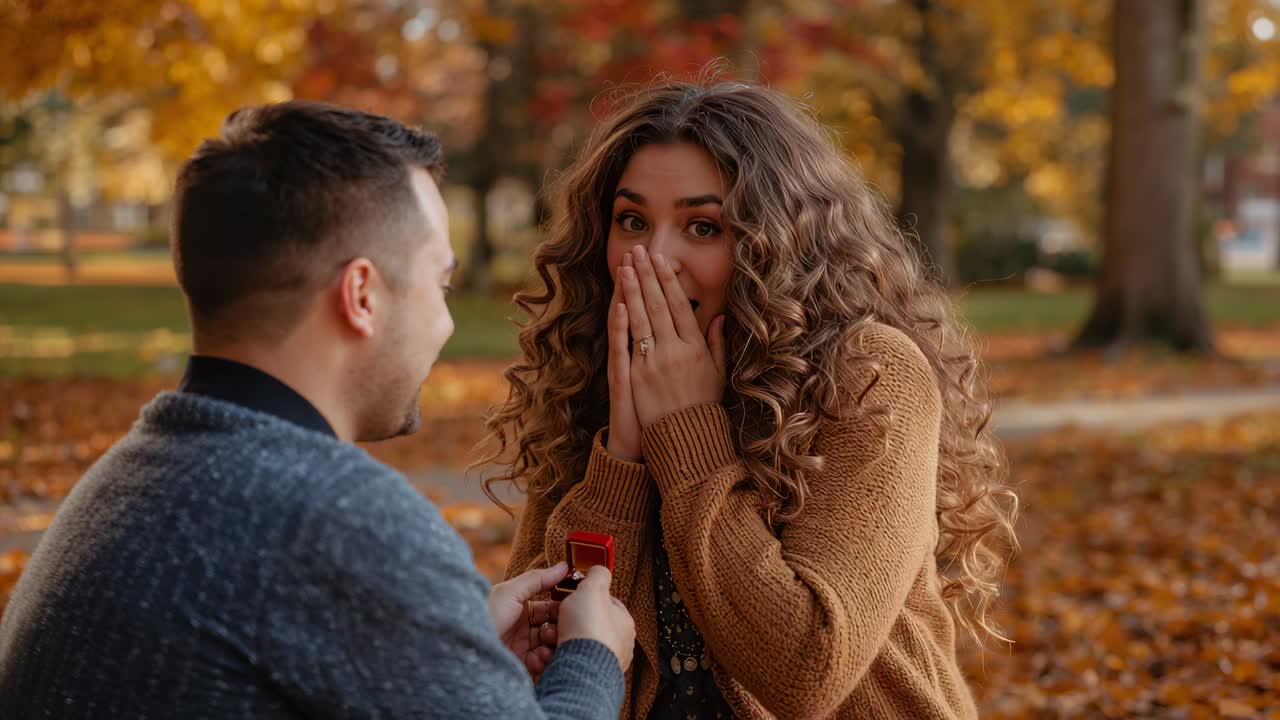 Kneeling sweater-clad man offering red ring box at park, proposing to cardigan woman amid leaves