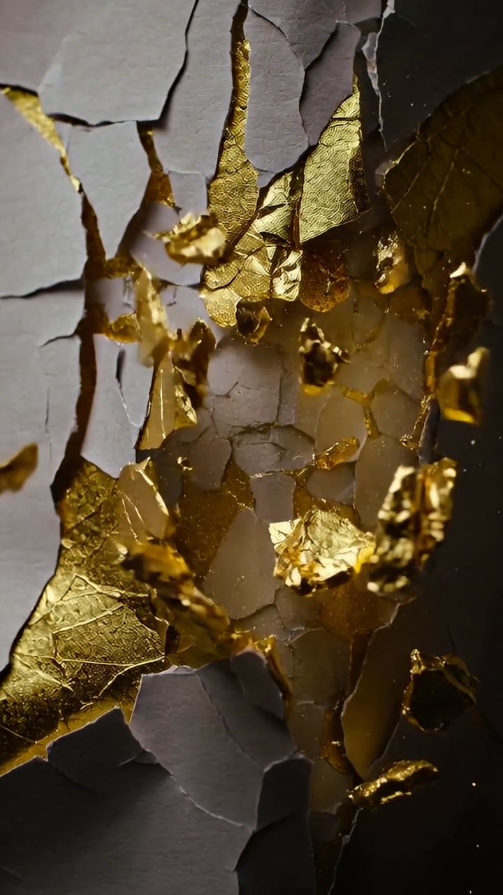 Vertical video: Widening central tear, matte gray layer peeling on tabletop, showing gold leaf