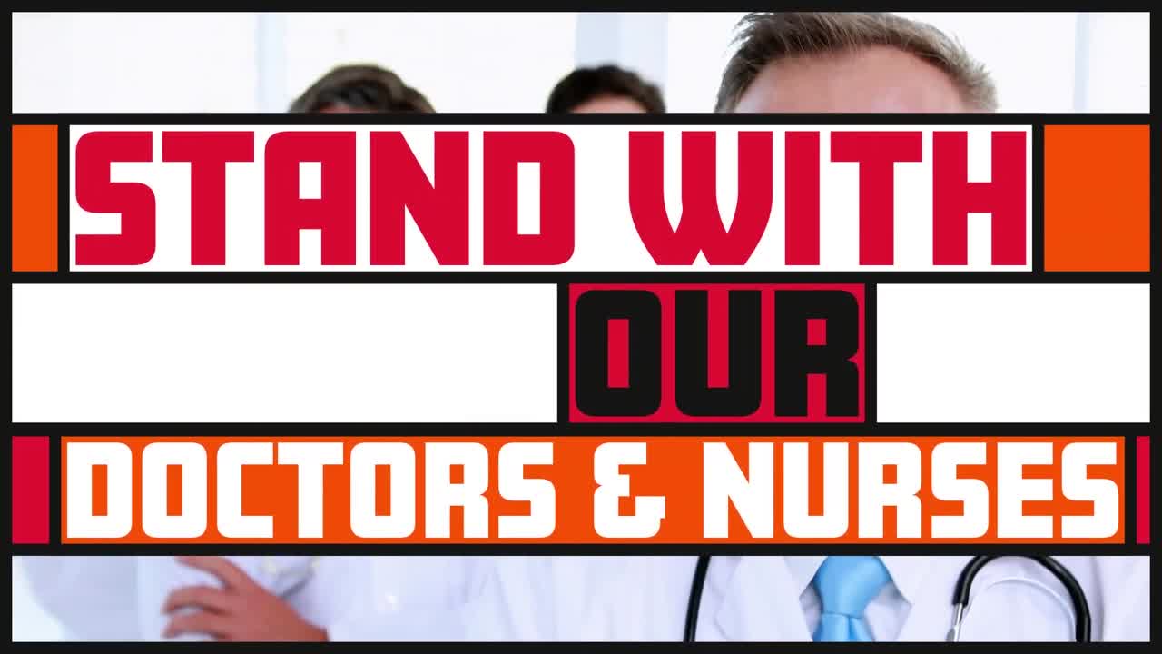 걸어다니는 백인 의사 들 의 집단 위 에 있는 다채로운 배너 에 있는 텍스트 의 애니메이션