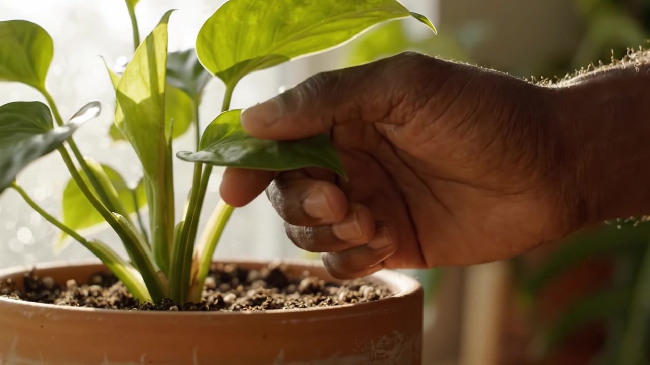 Cultiver un sanctuaire vert : le parcours d'un jardinier talentueux s'occupant d'une plante en pot luxuriante dans un intérieur ensoleillé