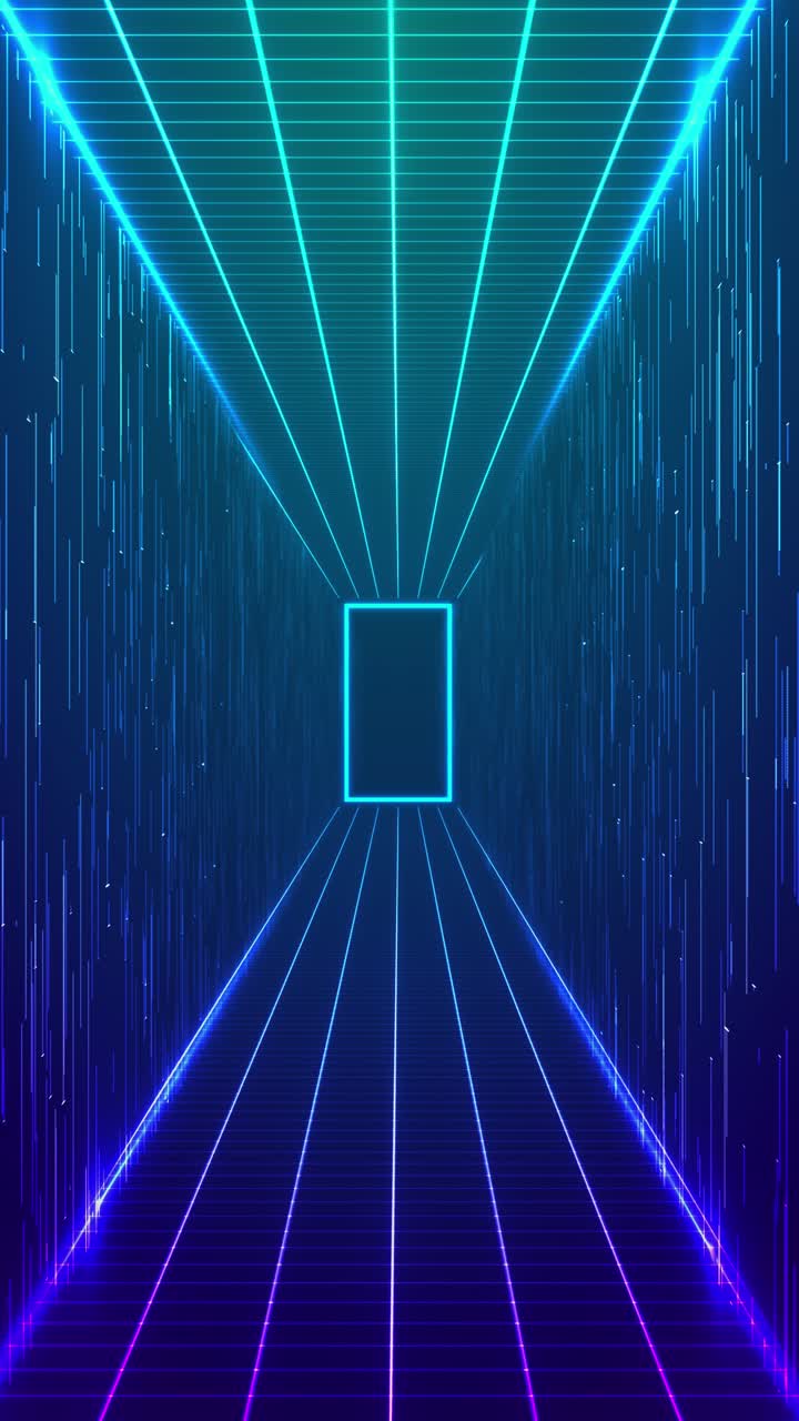 Futuristic neon light glowing grid tunnel radiant beams of light flares digital perspective design