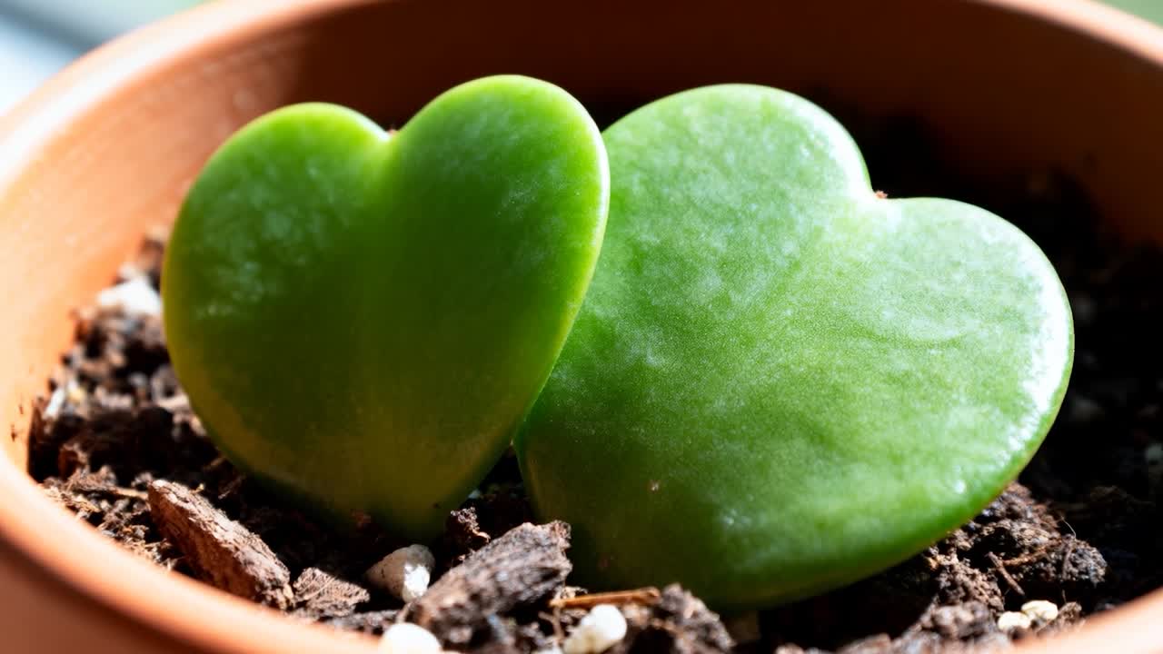 Zoom indietro, la camera rivela due foglie di Hoya a forma di cuore sul davanzale in un vaso di terracotta, mostrando il bordo del vaso