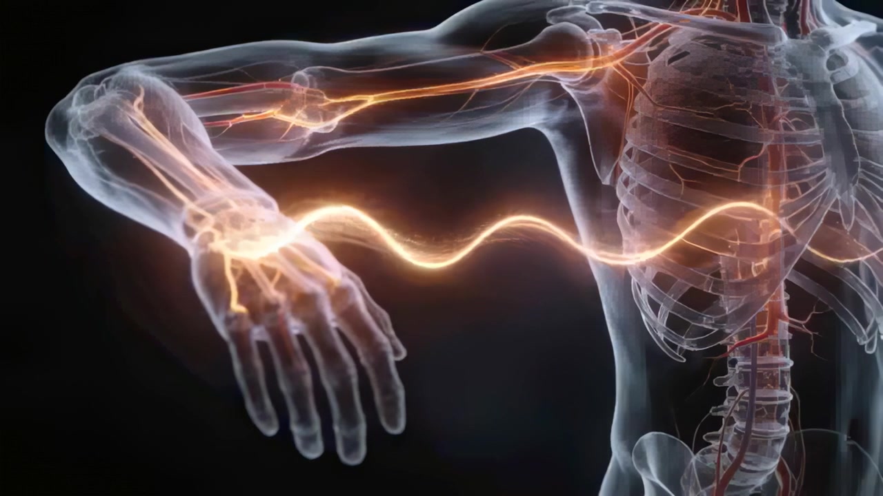 Glowing ribbon starting torso left-arm model sending neural pulse to hand in lab demo for teaching