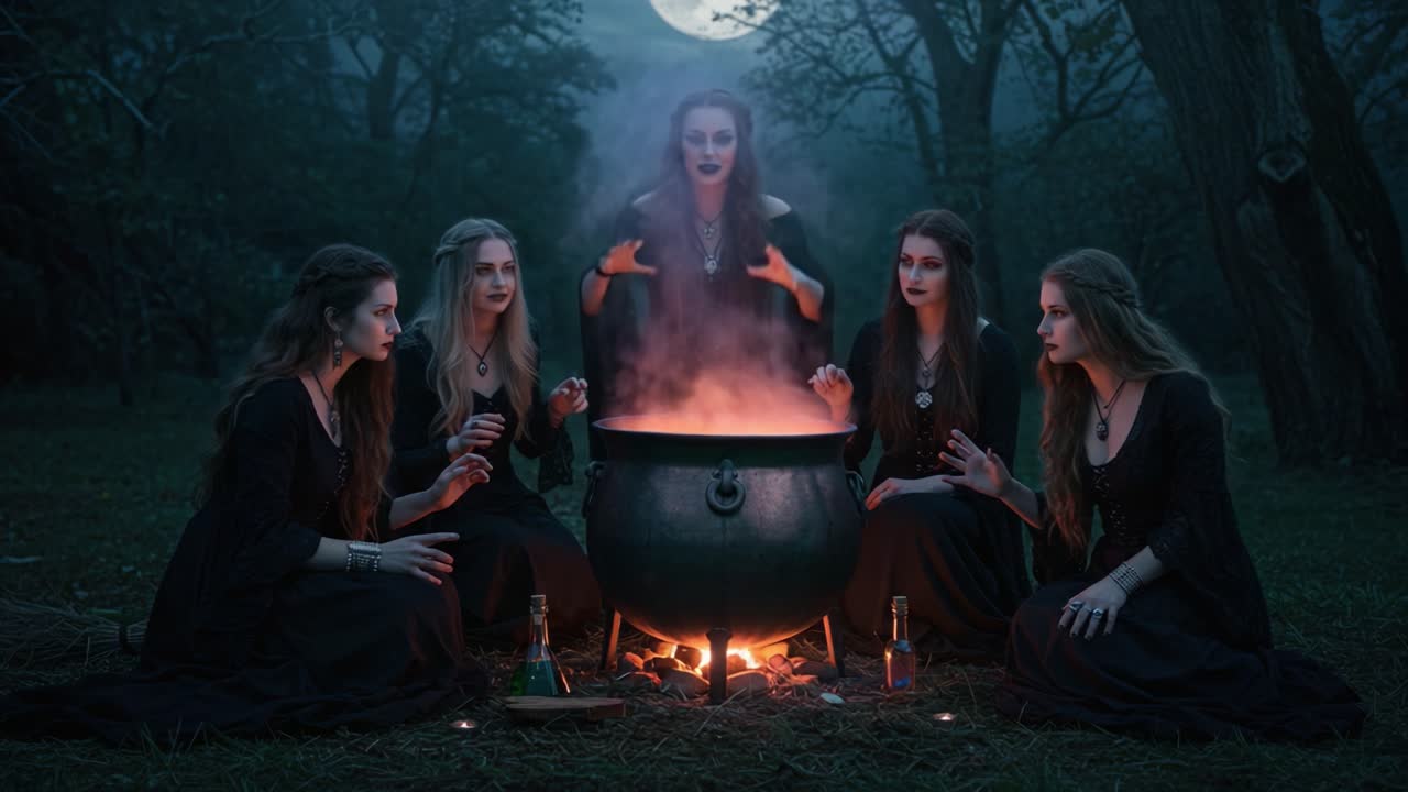 A Gathering of Enchantresses: Witches Reveal Their Secrets Around a Bubbling Cauldron Under the Moonlit Sky Amidst an Enchanted Forest