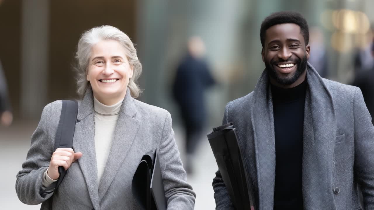 Professional Colleagues Walking Together with Confidence and Joy in the City, Embodying Teamwork and Positive Business Relationships in a Modern Urban Environment