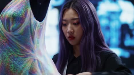 a fashion designer's creative moment: a young artist evaluating a shimmering dress with modern aesthetics and intricate details under studio lights