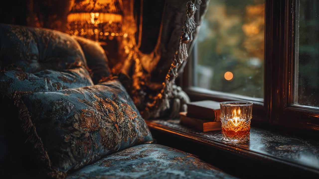 Un'atmosfera serale accogliente con una candela accesa su un morbido divano imbottito accanto alla finestra, evocando calore e comfort in un ambiente lussuoso.