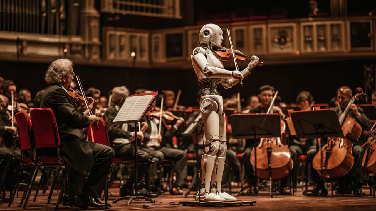 A Futuristic Performance: A Robot Violinist Collaborates with a Live Orchestra, Blending Technology and Art in a Captivating Musical Experience