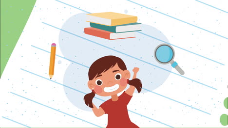 chica feliz con libros y artículos escolares
