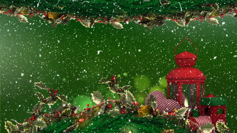 nieve cayendo y decoraciones de navidad