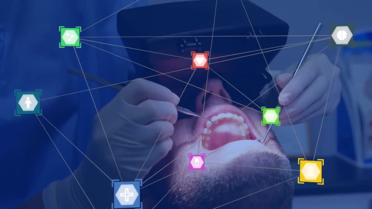 animación de redes de conexiones con iconos sobre el hombre en la silla del dentista