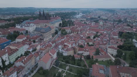 aerial drone shot prague castle mala strana czech republic cloudy sunset