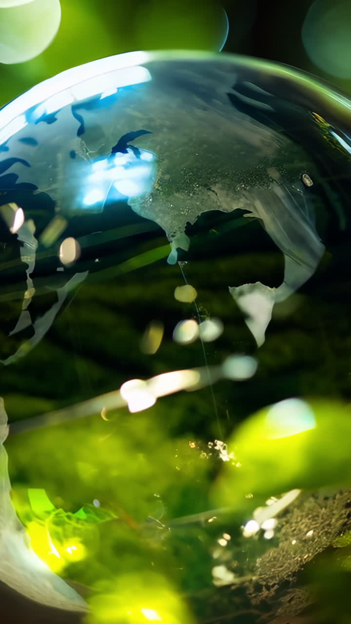 A glass globe with a green background. The globe is surrounded by green plants and grass. Concept of harmony between nature and technology