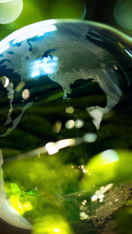 a glass globe with a green background. the globe is surrounded by green plants and grass. concept of harmony between nature and technology