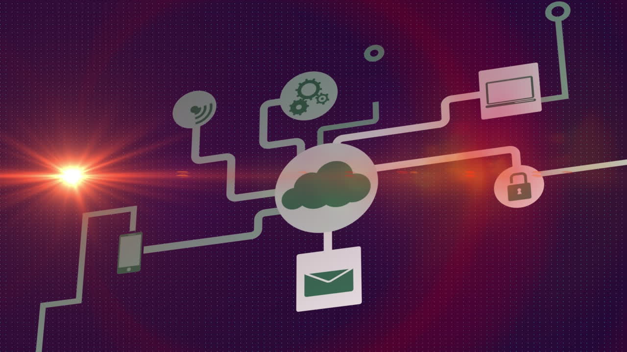 Animation of network of digital icons over red light spot moving against blue background