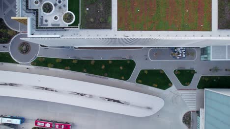 Green-roof-of-urban-apartment-complex,-top-down-drone-view