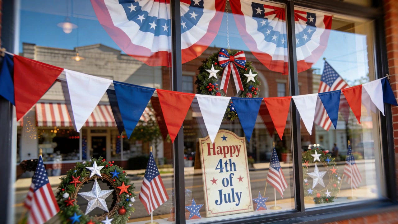 Panning camera revealing storefront showing Happy 4th sign and bunting, reflected man in gray shirt