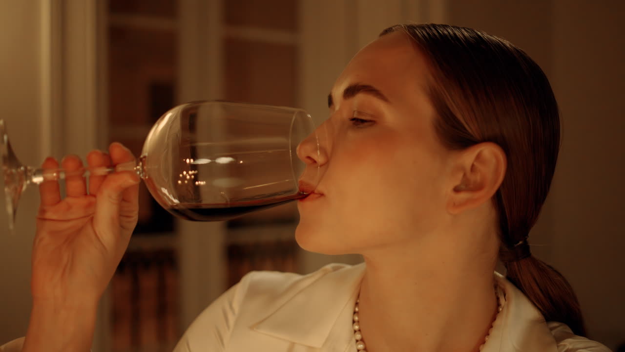 Exquisite woman drinking wine at candles place portrait. Lady tasting alcohol