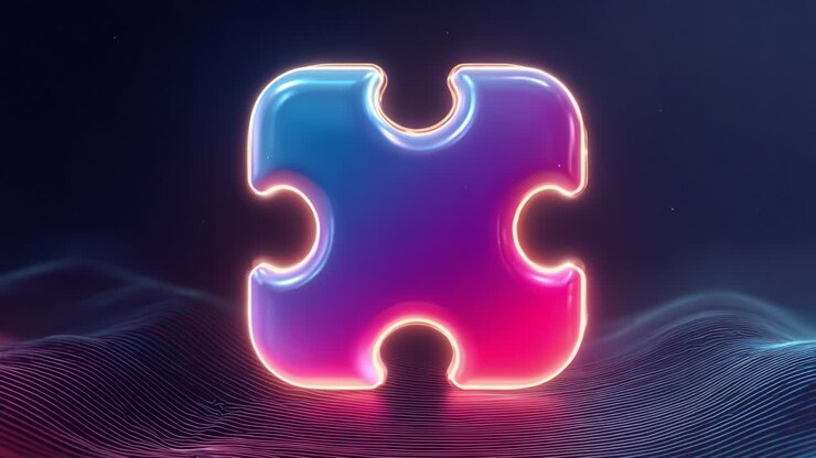 Design de peça de quebra-cabeça vibrante e futurista iluminado em cores neon suaves contra um plano de fundo escuro, mostrando profundidade e estética moderna