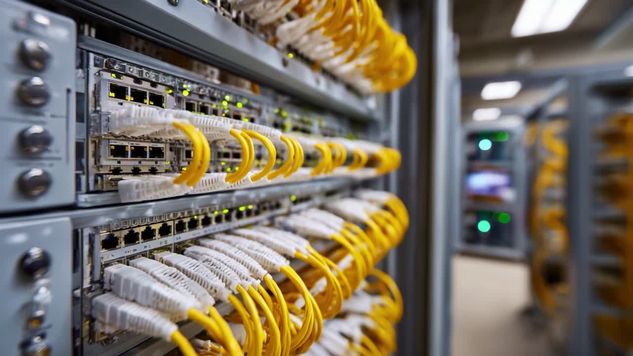 Uno sguardo a una sala server di rete con cavi Ethernet e switch di rete organizzati che illuminano il panorama della connettività dati