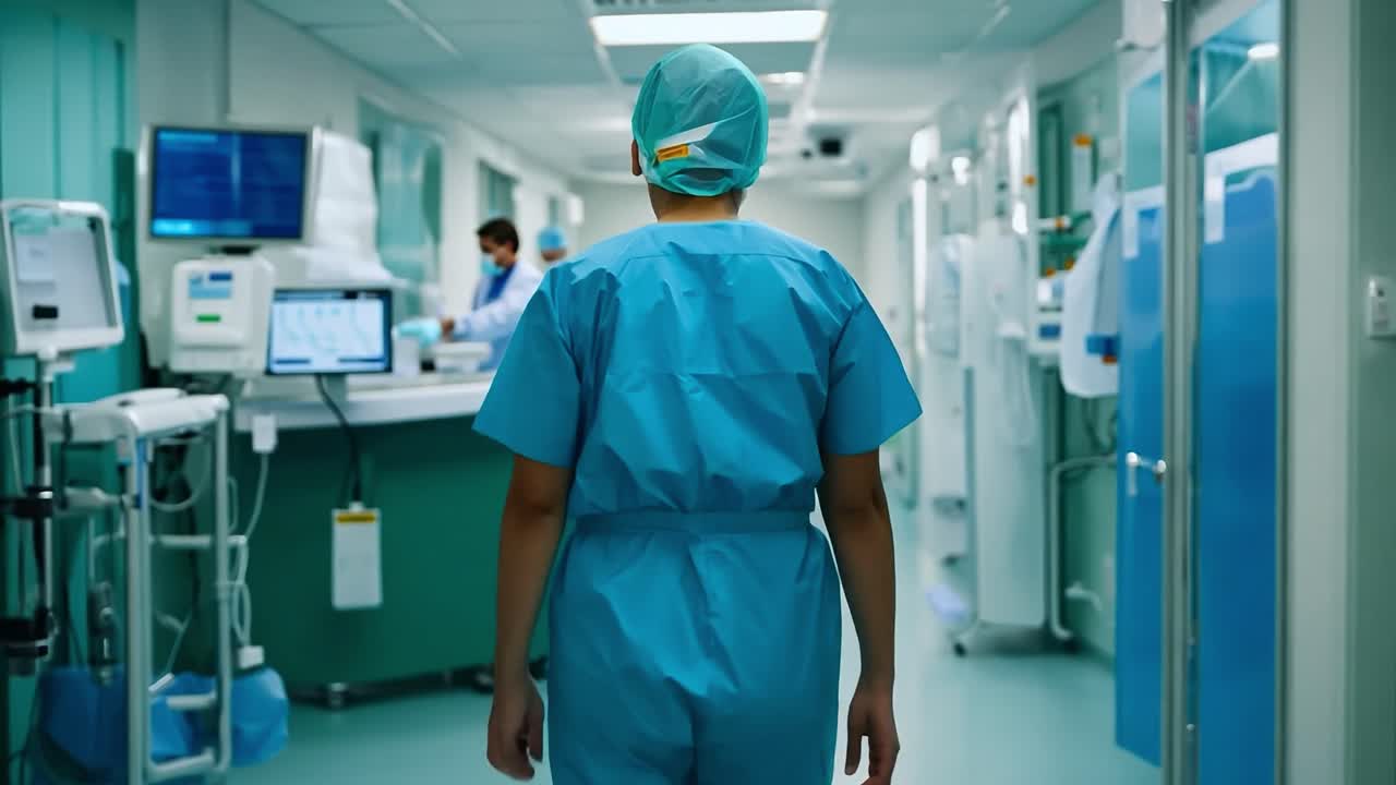 A doctor walks down a hospital hallway