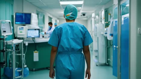 um médico caminha pelo corredor de um hospital.