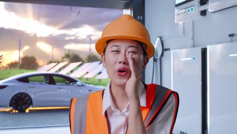 close up of asian female engineer with safety helmet yelling with hand over mouth with home energy storage system in a modern garage
