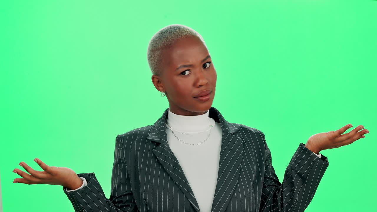 Confused business woman shrugging on green screen