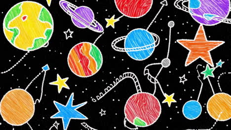 colorful crayon drawing of space, planets, and stars