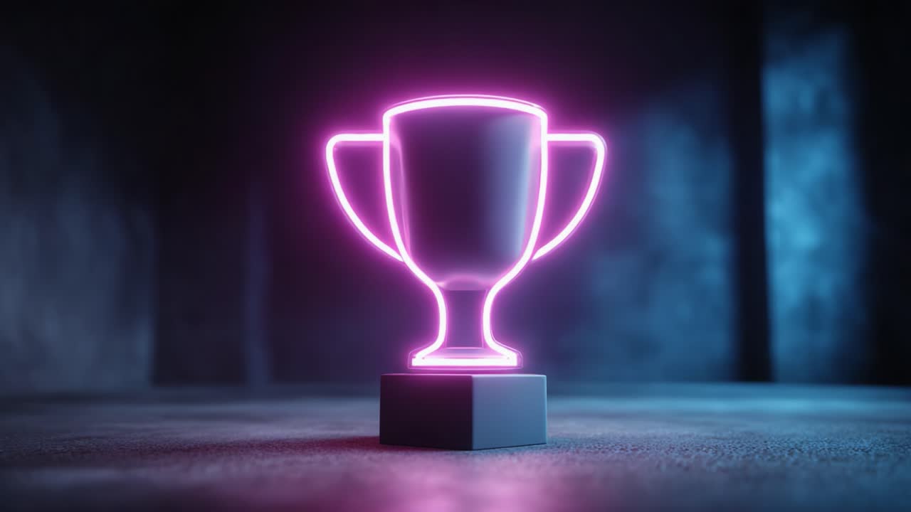 A Glowing Reward: A Vibrant Neon Trophy Illuminating Achievement and Success in a Darkened Environment