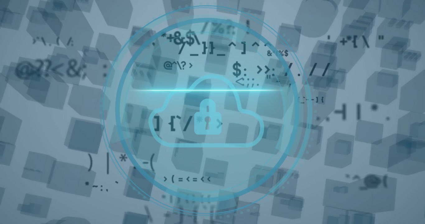 Animación de un icono de nube y símbolos matemáticos sobre formas 3D en un fondo gris.