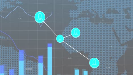 Animación-De-La-Red-De-Iconos-De-Perfil,-Procesamiento-De-Datos-Estadísticos-Sobre-El-Mapa-Mundial-Sobre-Fondo-Gris