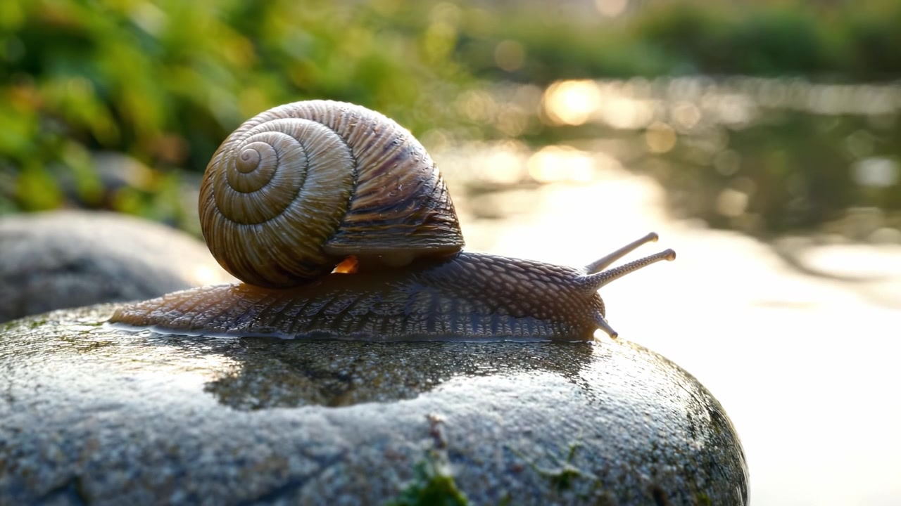 A Serene Moment: Capturing a Snail on a Rock with a Beautiful Background of Nature's Reflection and Soft Light