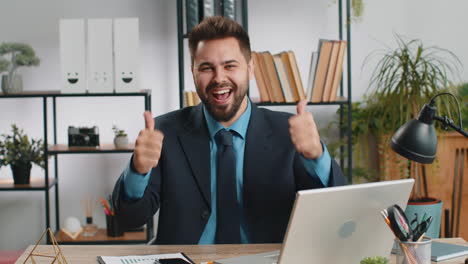 happy amazed businessman shocked by sudden victory, game winning, lottery goal achievemen, good news