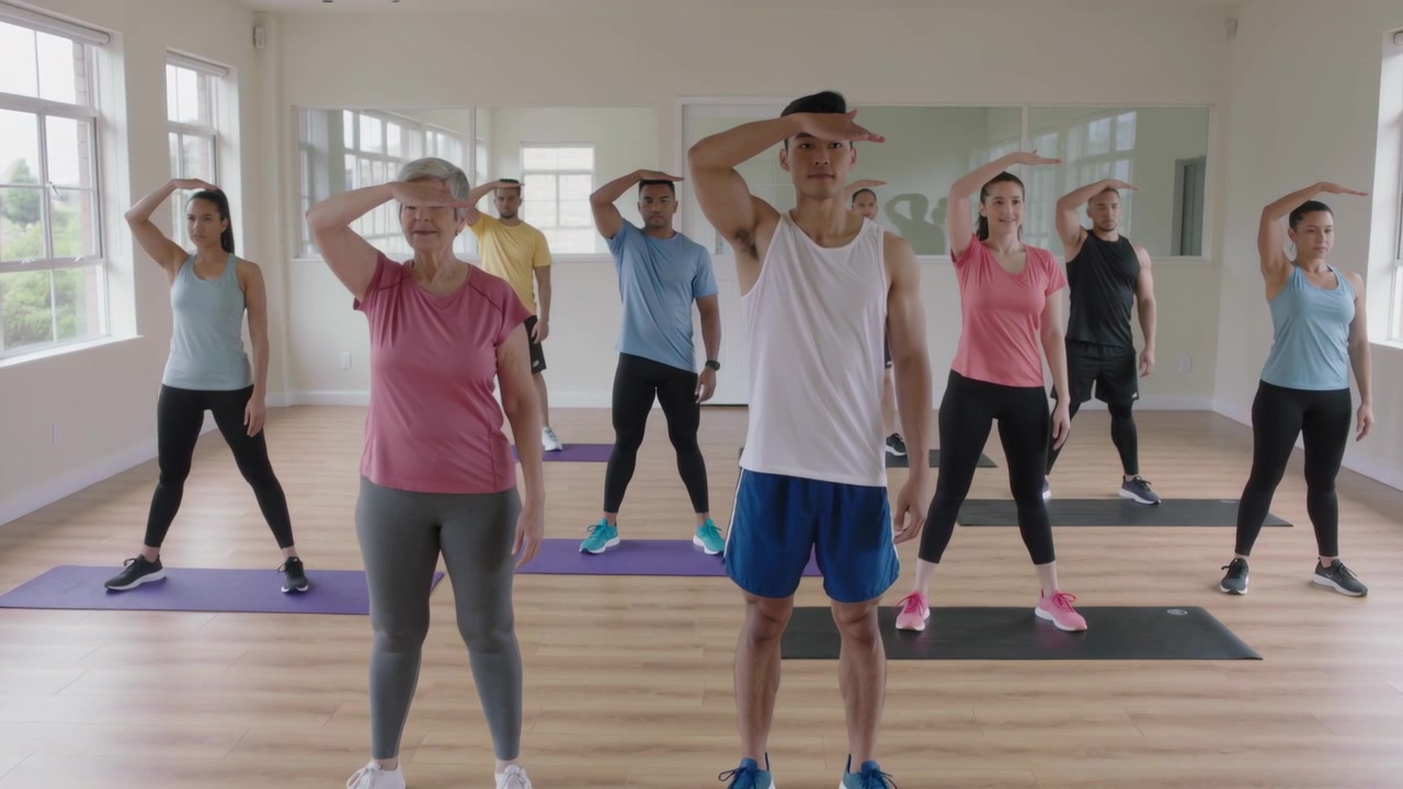 Leading man in white tank signaling in studio, group following forehead salute and chest tap, mats