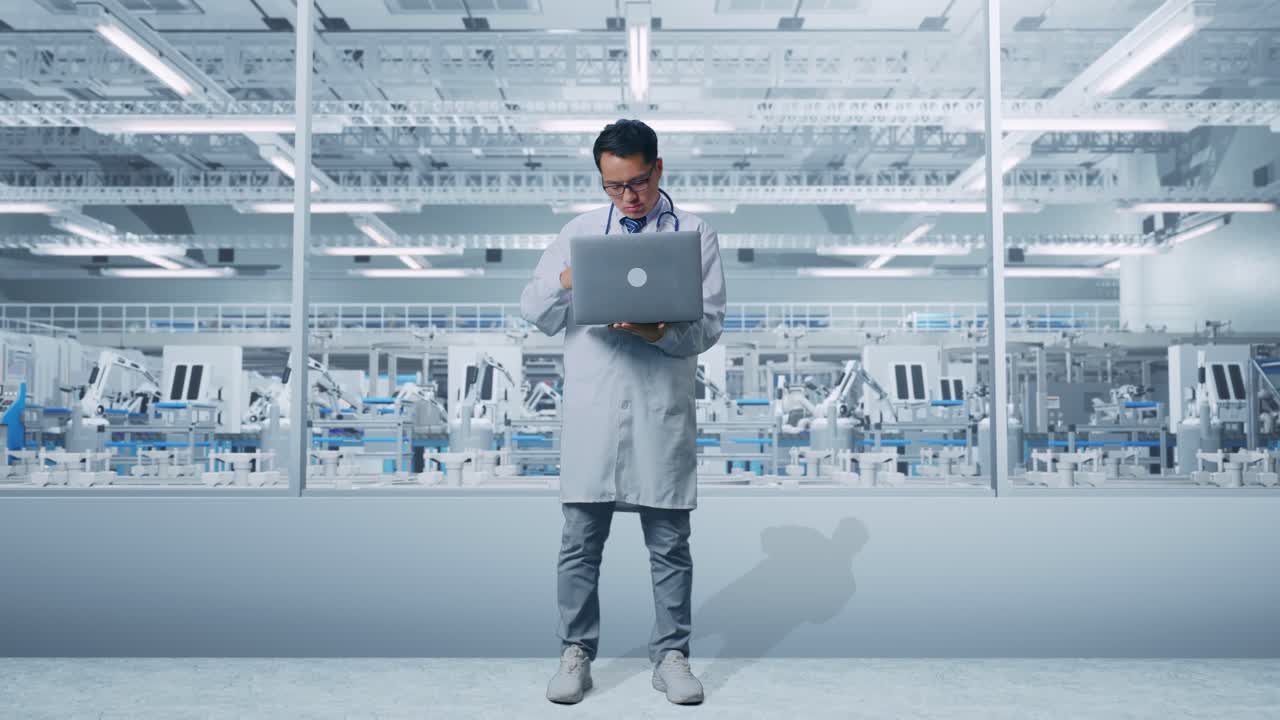 Full Body Of Asian Male Doctor With Stethoscope Having A Headache While Working On A Laptop In Laboratory