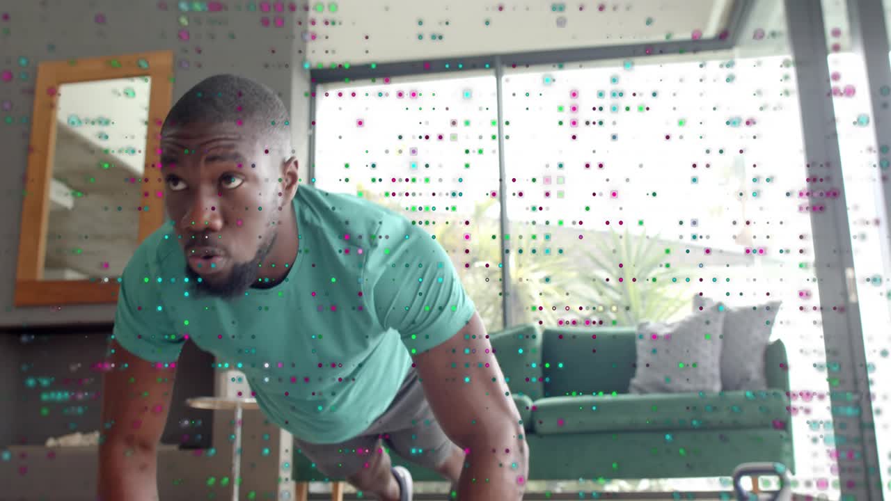 Man starting push-up set by tapping smartphone, performing controlled reps on mat for fitness