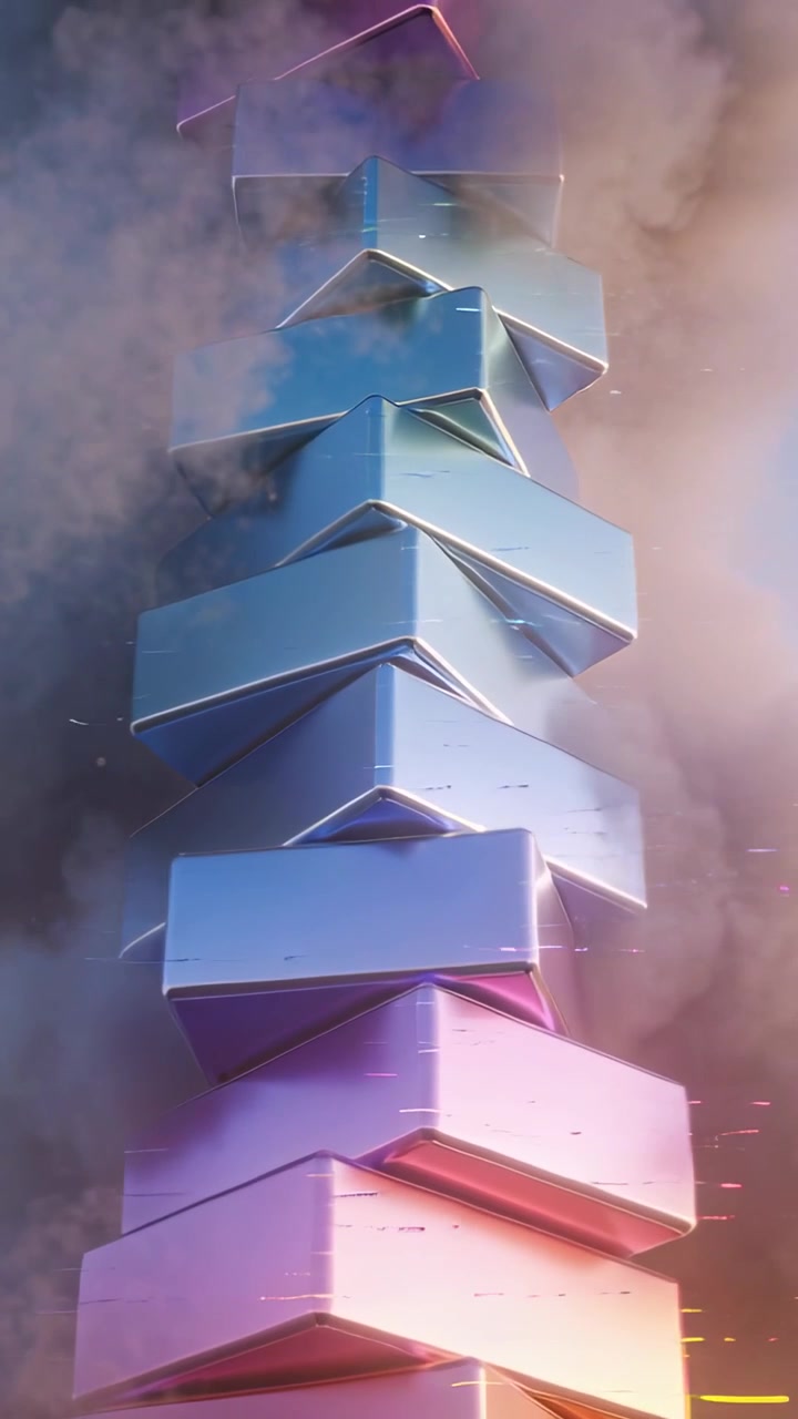 Vertical video: Panning camera showing stacked modules in studio fog, with gradient light sparks