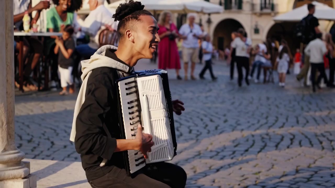 Junger Mann spielt Akkordeon auf einem belebten europäischen Stadtplatz