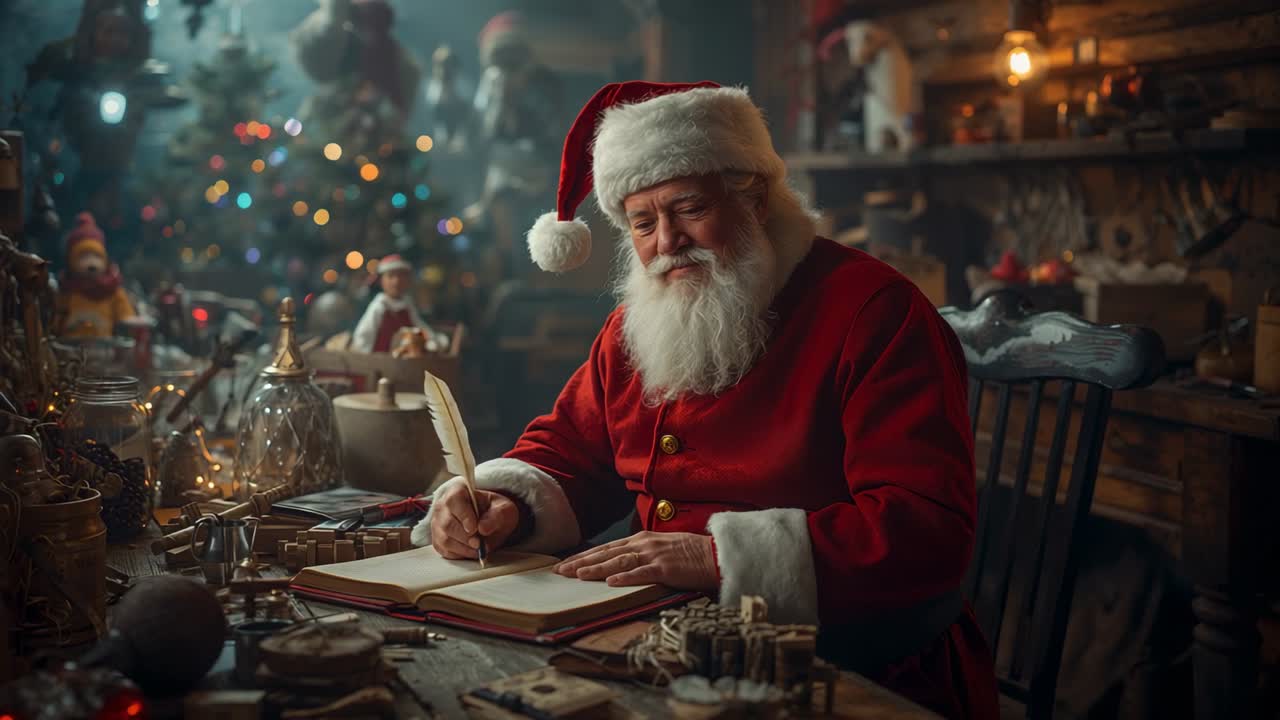 Lifting quill, man in red coat and Santa hat writing ledger at Christmas workshop tracking toys
