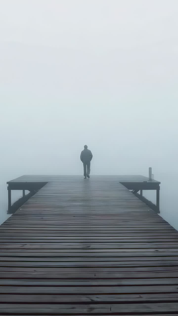 Video vertical: Hombre con abrigo caminando hacia la punta del muelle, deteniéndose para observar la niebla, con un poste.