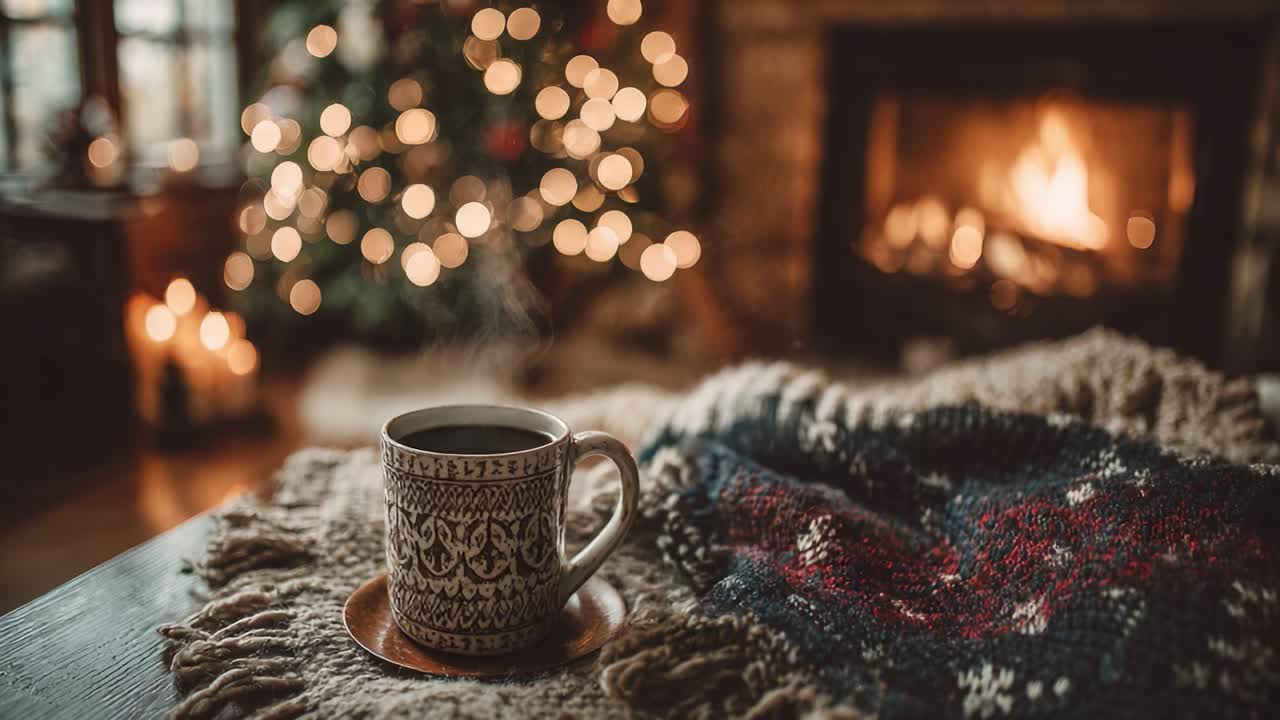 A Cozy Winter Scene Featuring a Warm Cup of Coffee Next to a Crackling Fireplace Surrounded by Christmas Lights and a Soft Blanket for Ultimate Relaxation