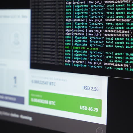 Screen with crypto code. Program code for mining cryptocurrency, mining work. Screen with software developer code. Crypto-currency