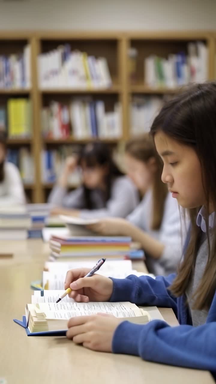 A girl reading a book, studying in the school library, sitting with other girls.